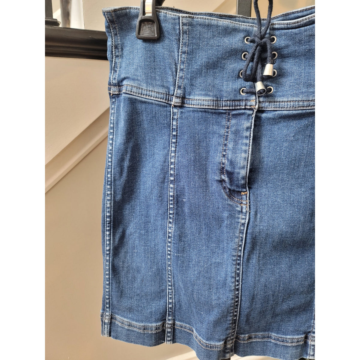 Free People Mini Skirt Women's SZ 4 Blue Denim Corset Waist Straight Fit Zip Fly