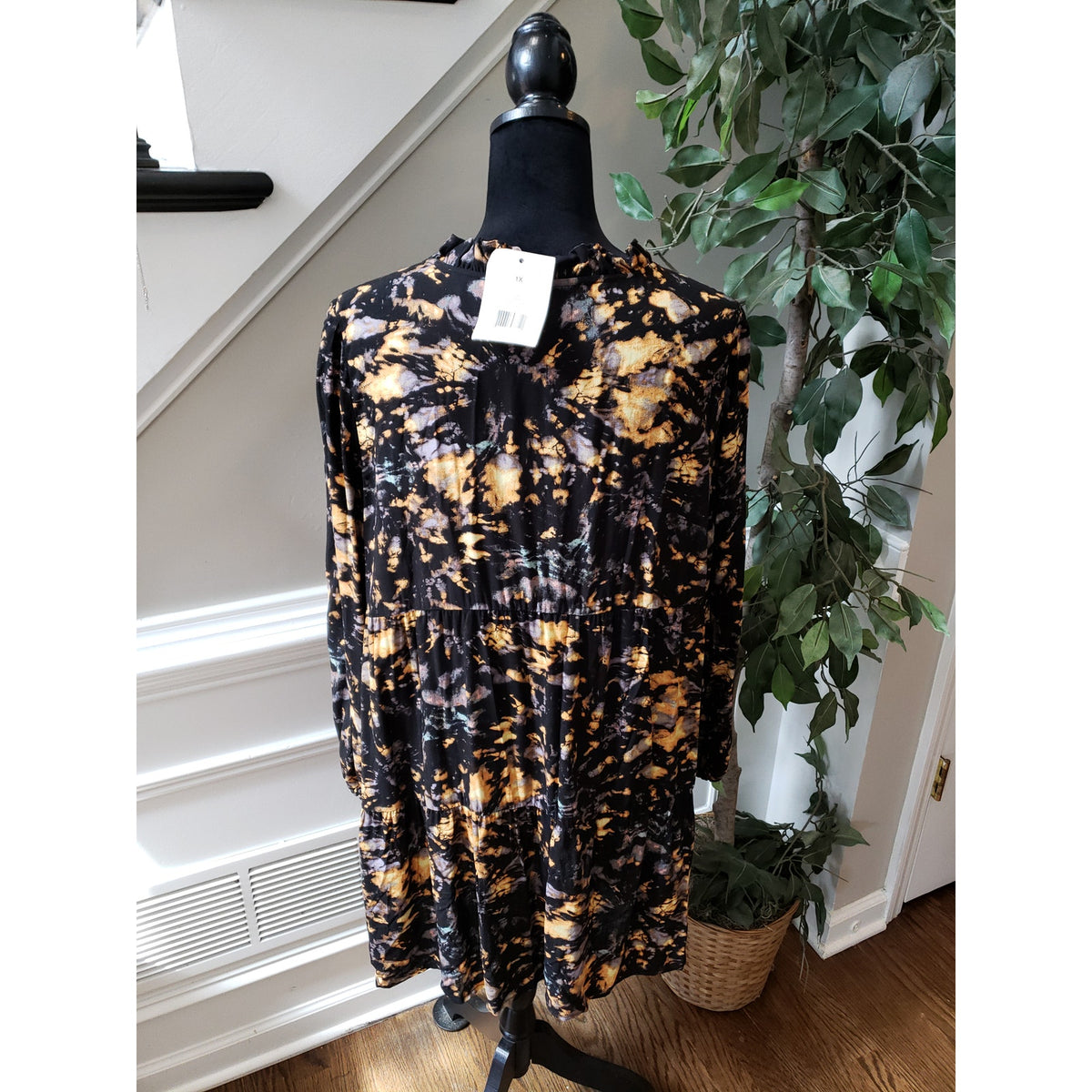 Women's True Craft Black Tie Dye Long Sleeve Dress Size 1X Rayon Fall Style