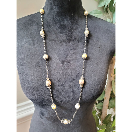 Women's Pearl Beaded Necklace Silver Chain Vintage Clasp Link