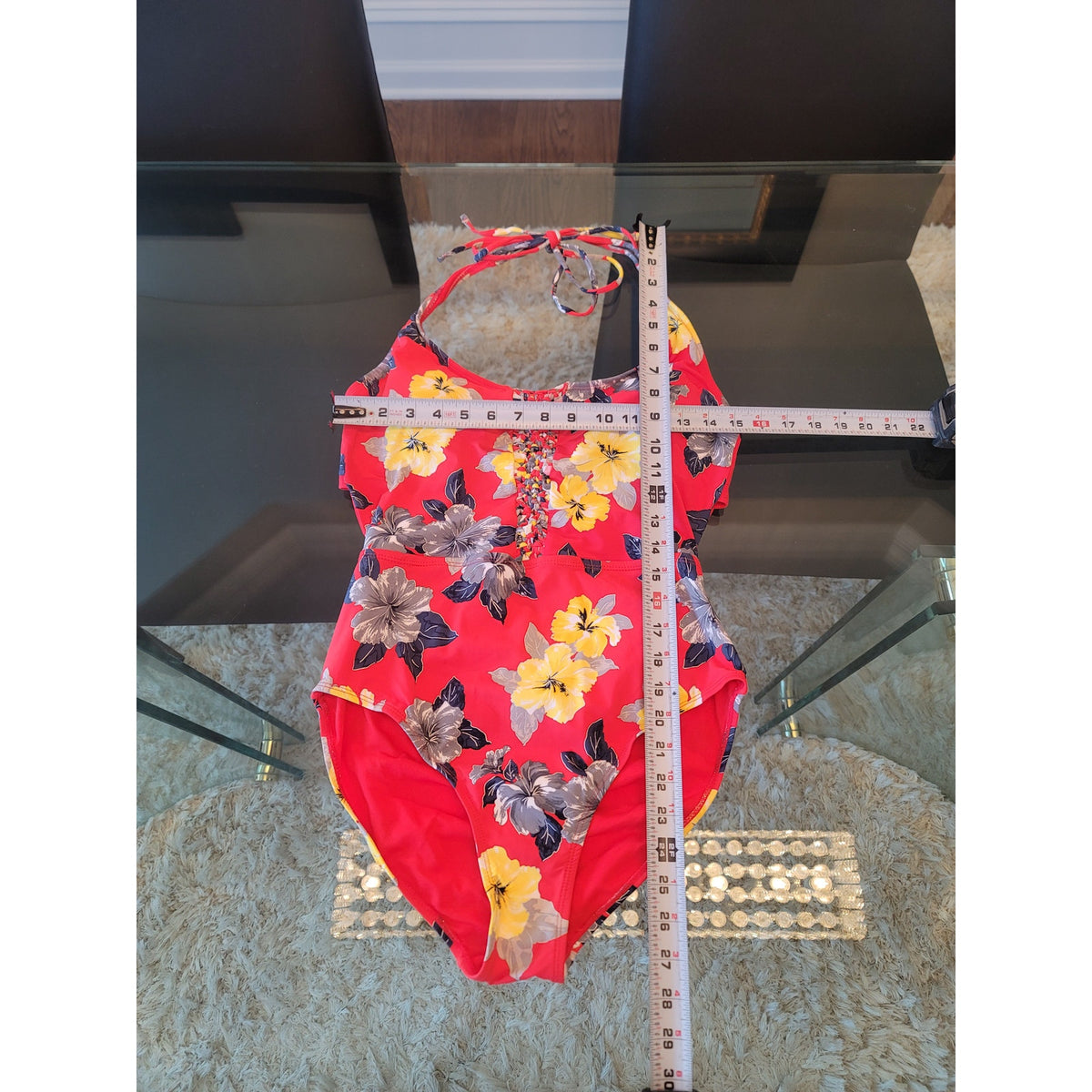 Ambrielle Swimsuit Women's Large Red Floral Padded Bra Halter Neck Open Back