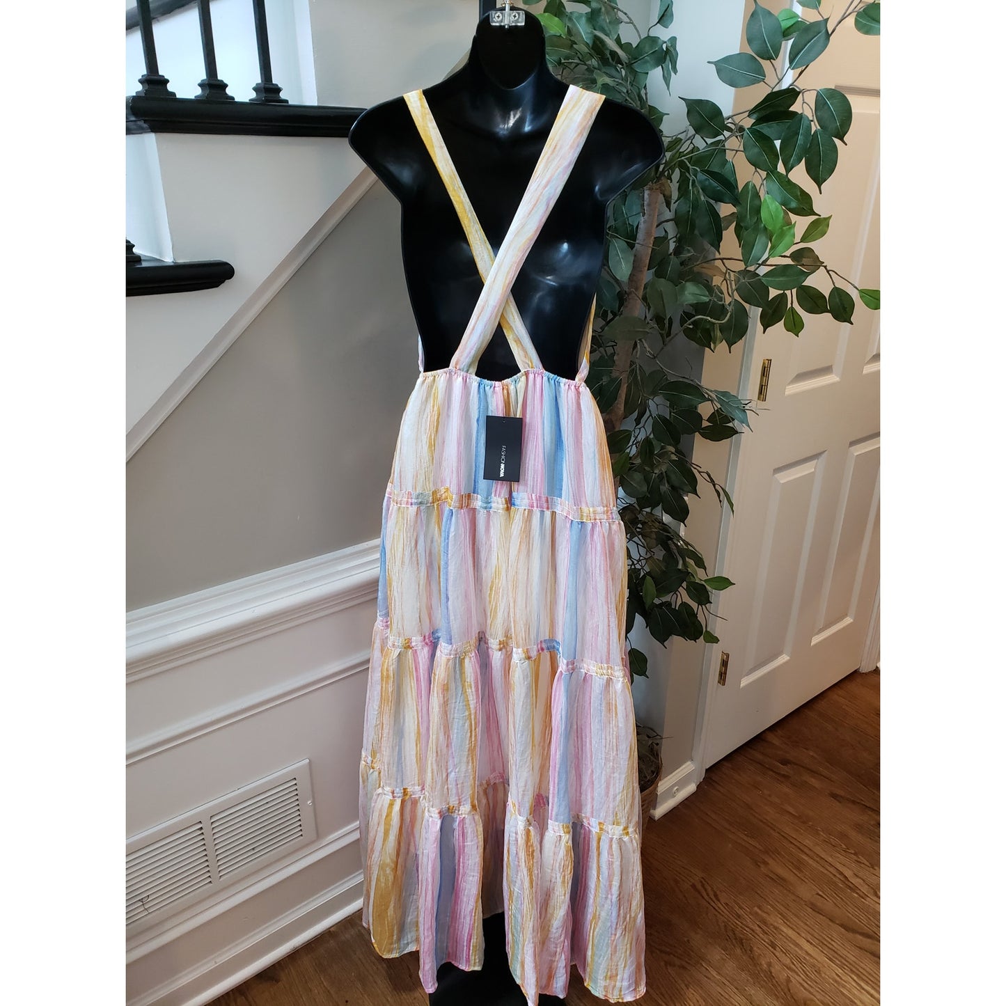 Fashion Nova Long Maxi Dress Womens S Yellow Combo Cinch Waist Tier Drop Stripe