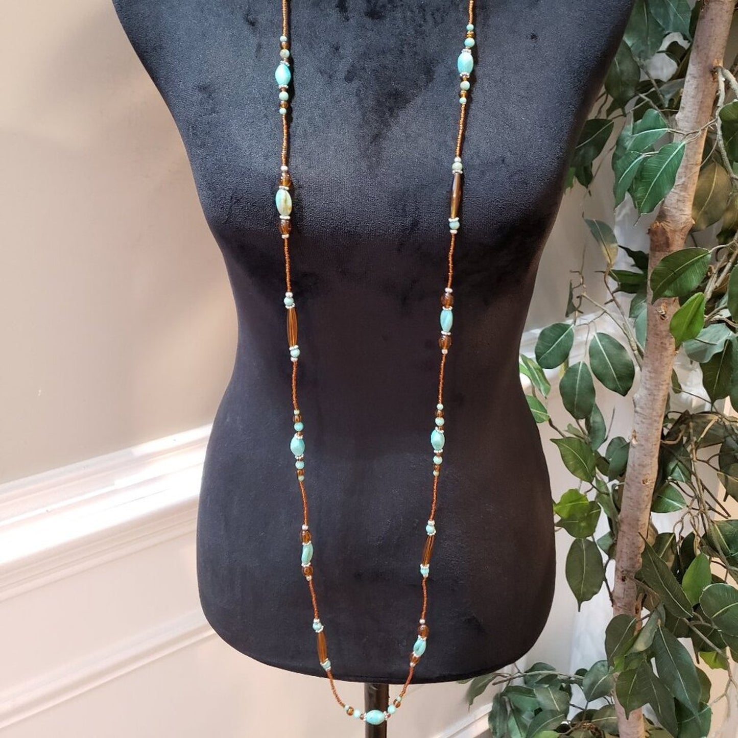 Womens Fashion Turquoise, Brown & Seed Beads Tubes Station Long Necklace Jewelry