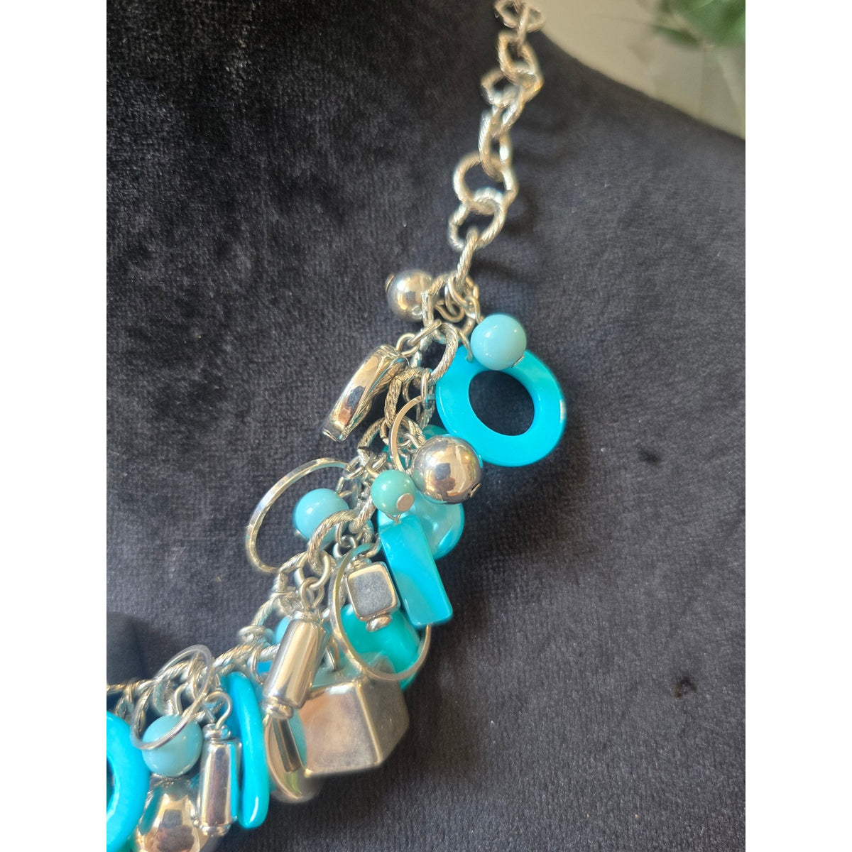 Silver Tone Turquoise Blue Charm Beaded Statement Necklace