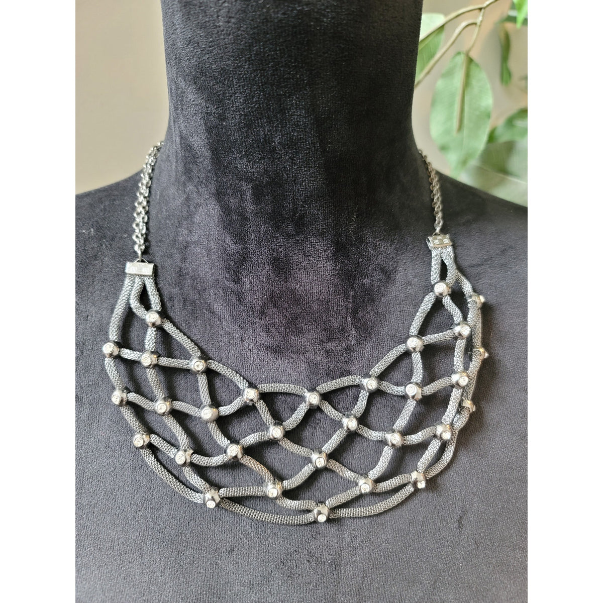Serena Women's Silver Tone Mesh Net Bib Necklace With Rhinestone Accents