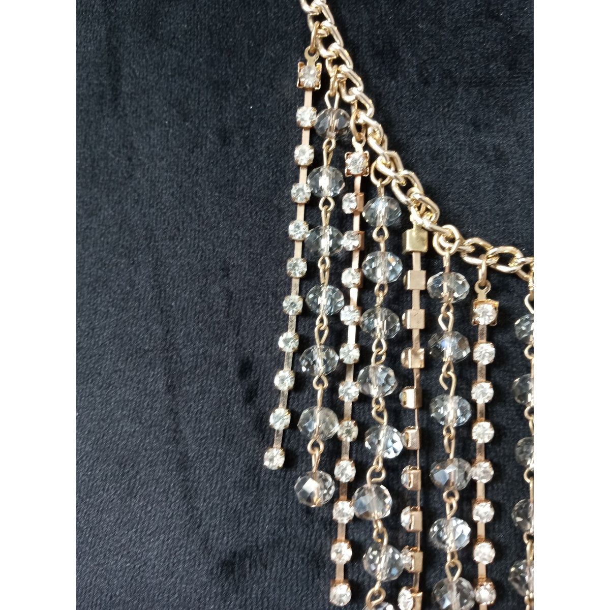 Gold Tone Rhinestone Crystal Fringe Bib Statement Necklace Glam Sparkle
