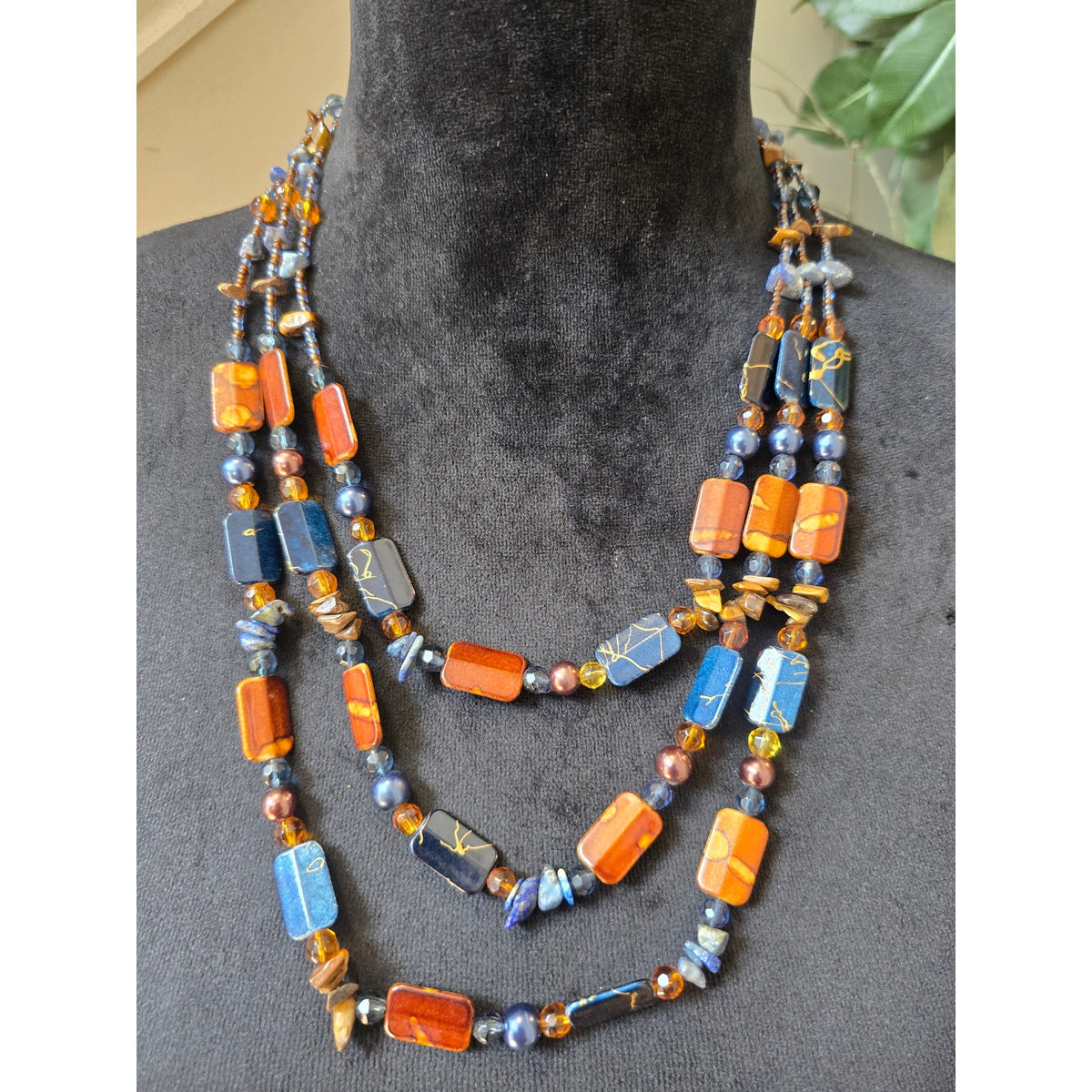 Blue Orange Multi Strand Beaded Statement Necklace