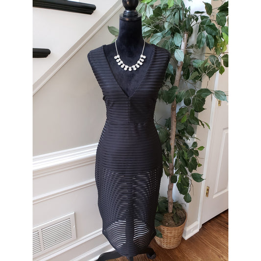 Haute Monde Sheath Dress Womens L Black Mesh Striped Lined Deep V Neck Back Zip