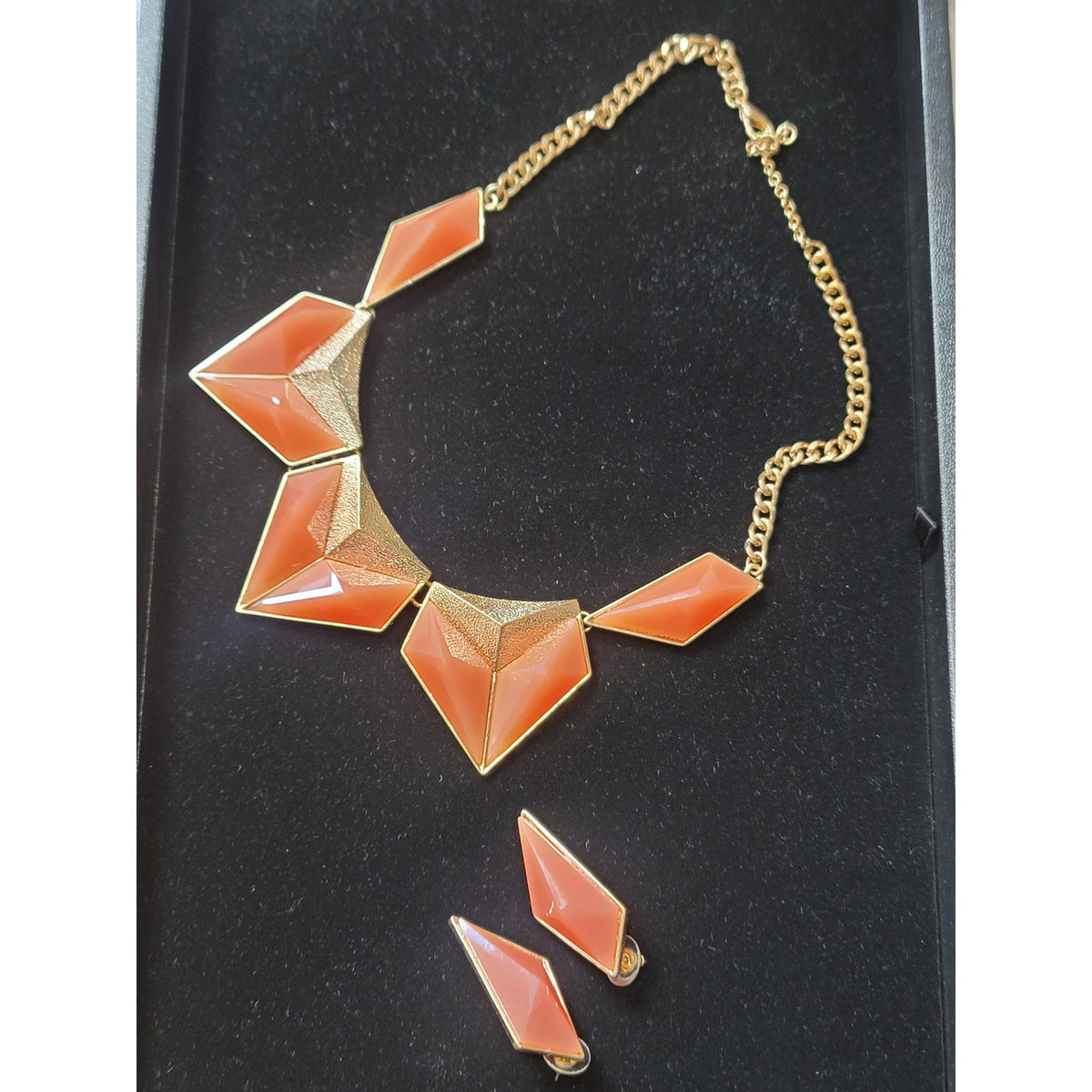 Women's Statement Necklace and Earrings Set Coral Orange Geometric Gold Tone