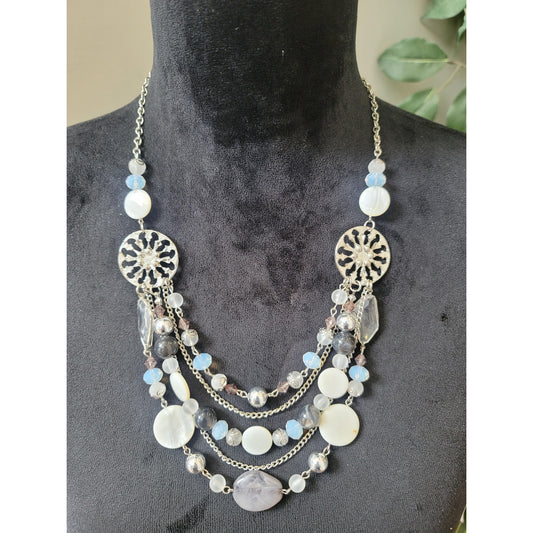 Women's Multi Strand Beaded Bib Necklace Lobster Clasp Shell Beads Silver