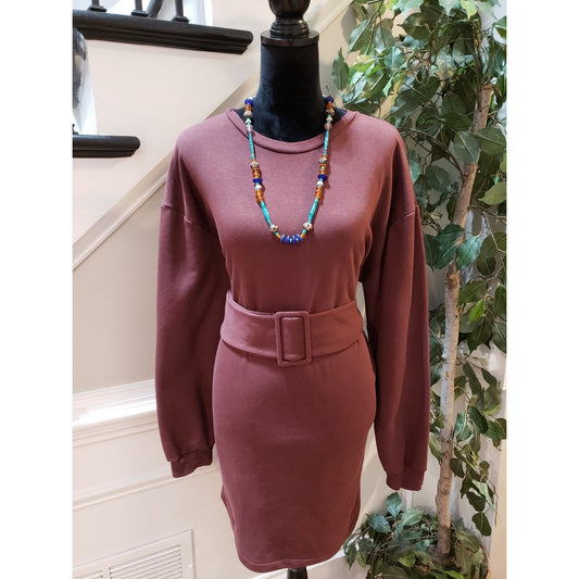 Topshop Womens Brown Cotton Belted Round Neck Long Sleeve Knit Sweater Dress 10