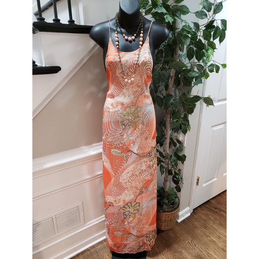 Esley Orange Paisley Polyester Scoop Neck Sleeveless Maxi Dress Large