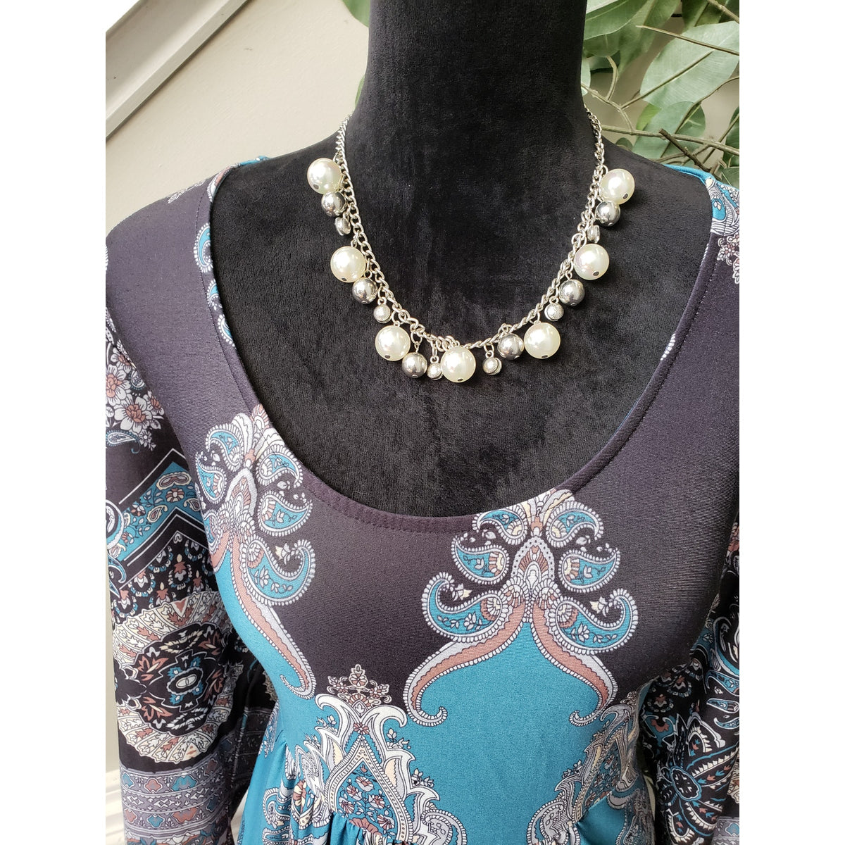 A-Line Dress Womens Size 2X Blue Paisley Gathered Long Sleeve Round Neck Stretch