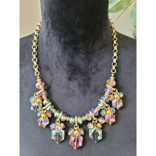 Women's Gold Chain Necklace With Iridescent Crystal Beads And Lobster Clasps
