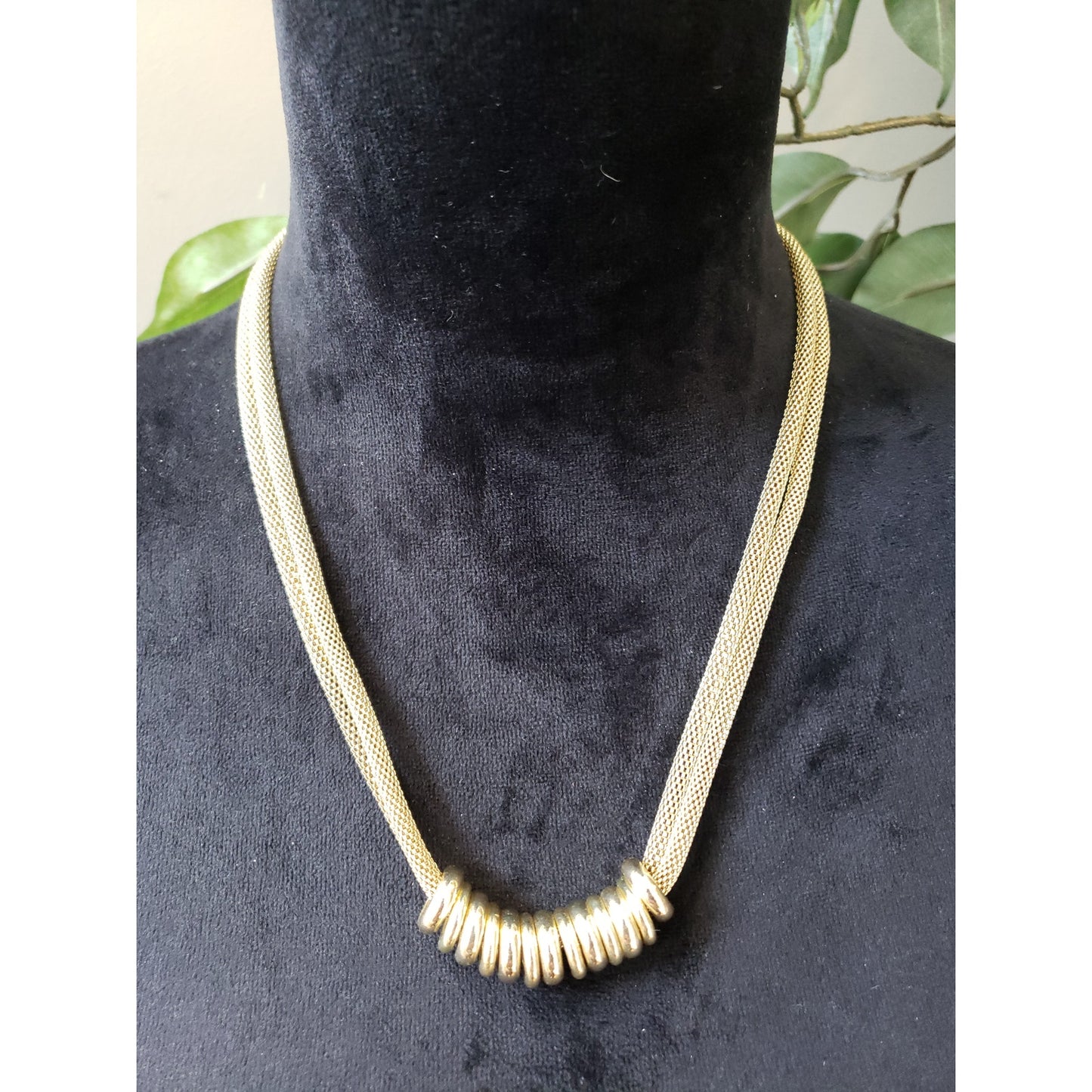 Womens 2 Strand Gold Tone Rings Bold Mesh Chain Necklace Jewelry with Lobster