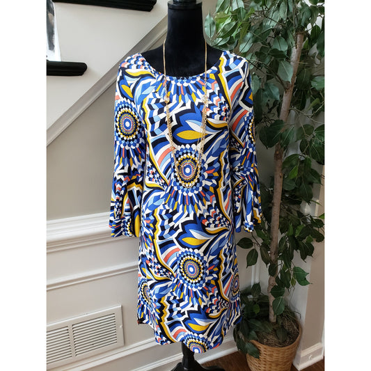 Crown & Ivy Sheath Dress Womens Large Multi Geo Print Rayon Long Sleeve Back Zip