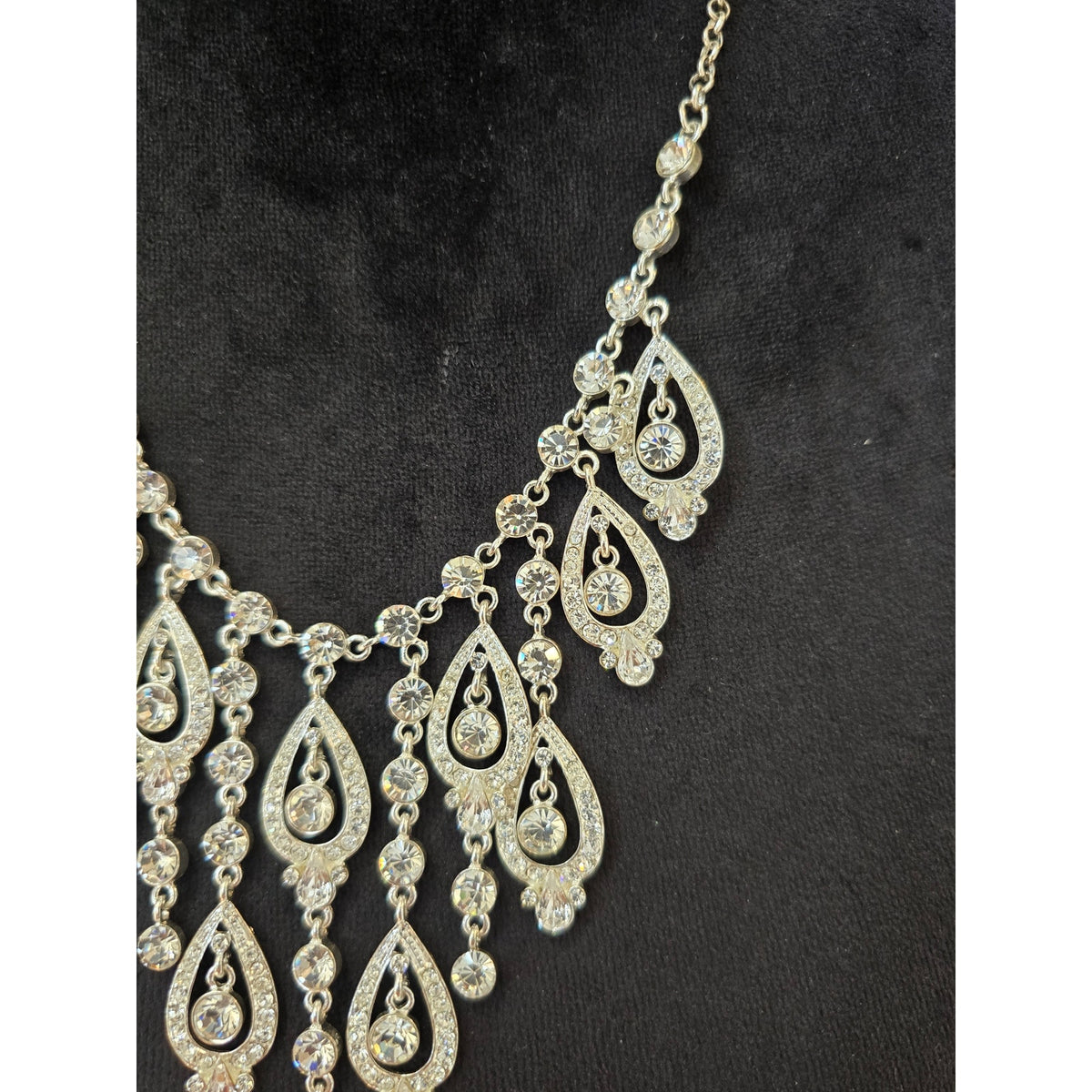 Silver Tone Rhinestone Crystal Teardrop Chandelier Bib Statement Necklace