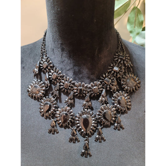 Women's Black Statement Bib Necklace With Lobster Clasp Elegant Evening Jewelry