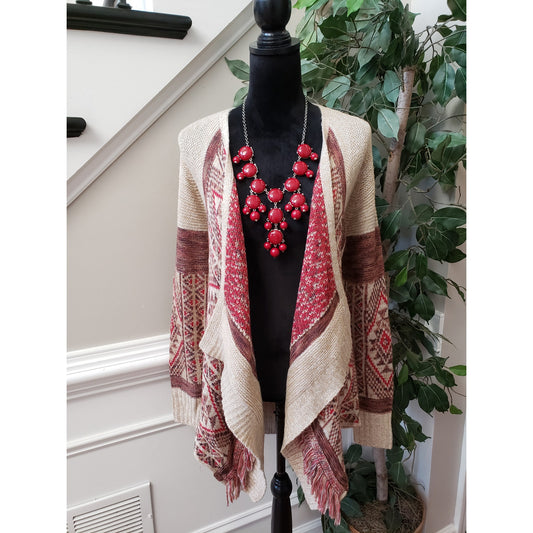 Lucky Brand Cardigan Womens M Beige Knit Boho Fringe Festival Draped Open Front