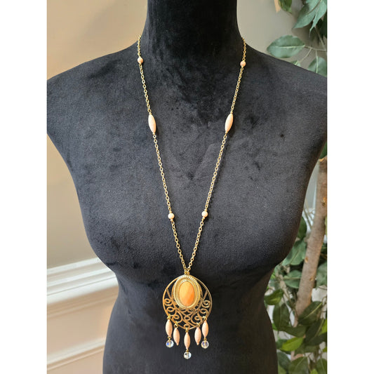 Women's Gold Long Pendant Necklace with Peach Beads and Matching Drop Earrings