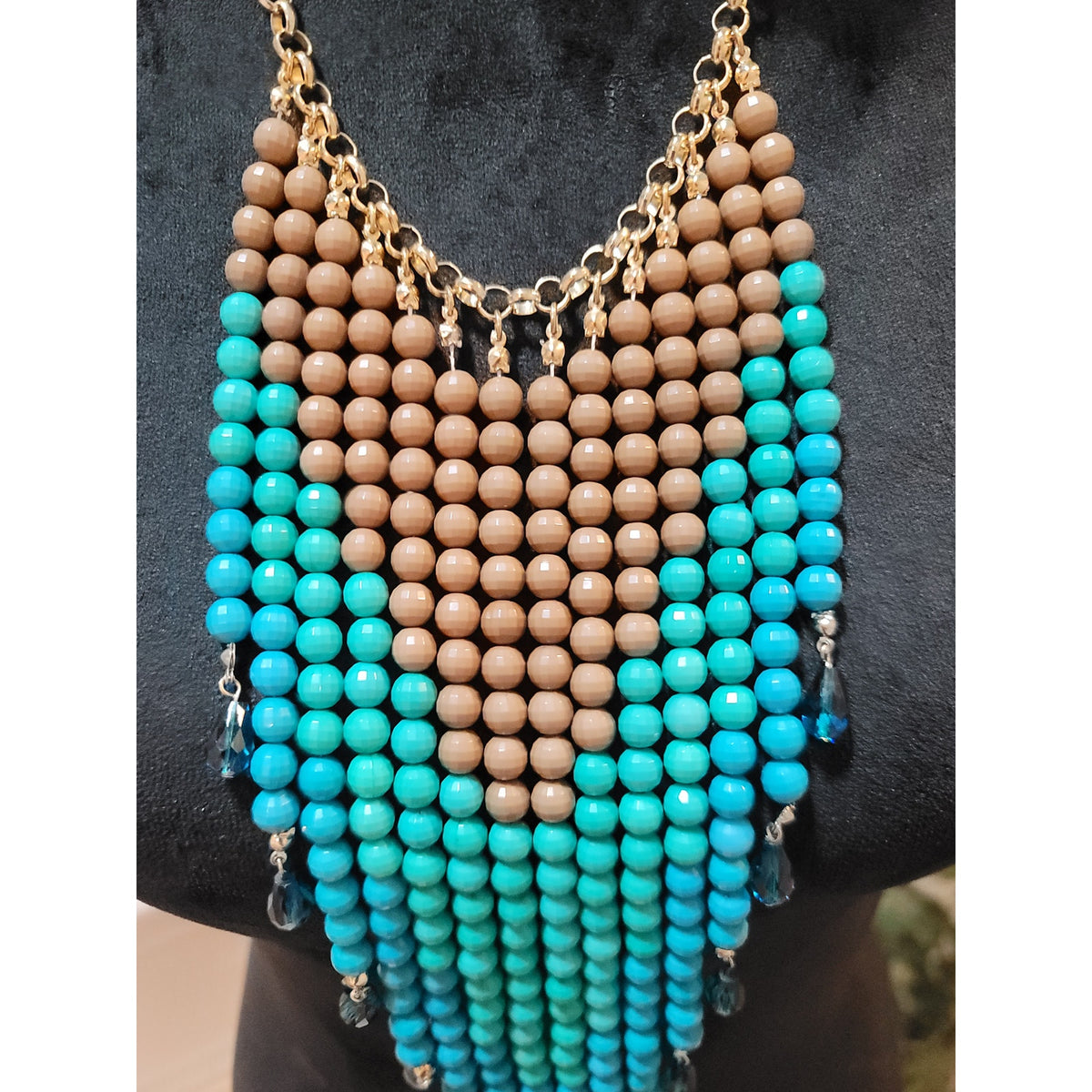 Womens Statement Beaded Necklace Brown Turquoise Layered Bib Design Lobster Lock