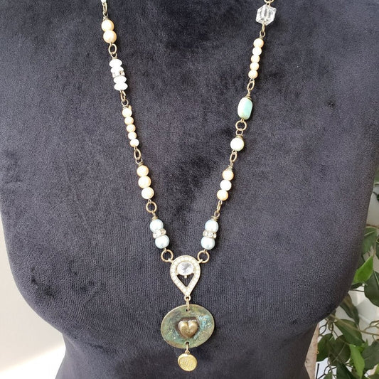 Women Yellow White Crystal Pearl Round Pendant Necklace Jewelry w/ Lobster Clasp
