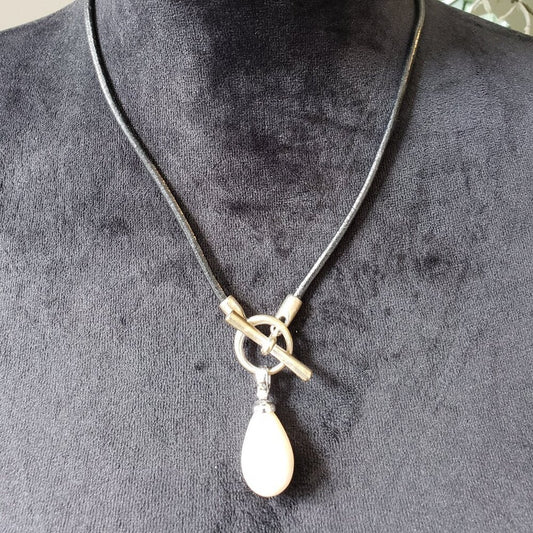 Womens Baroque Drop Pearl Shell Leather Cord Necklace with Round Toggle Clasps