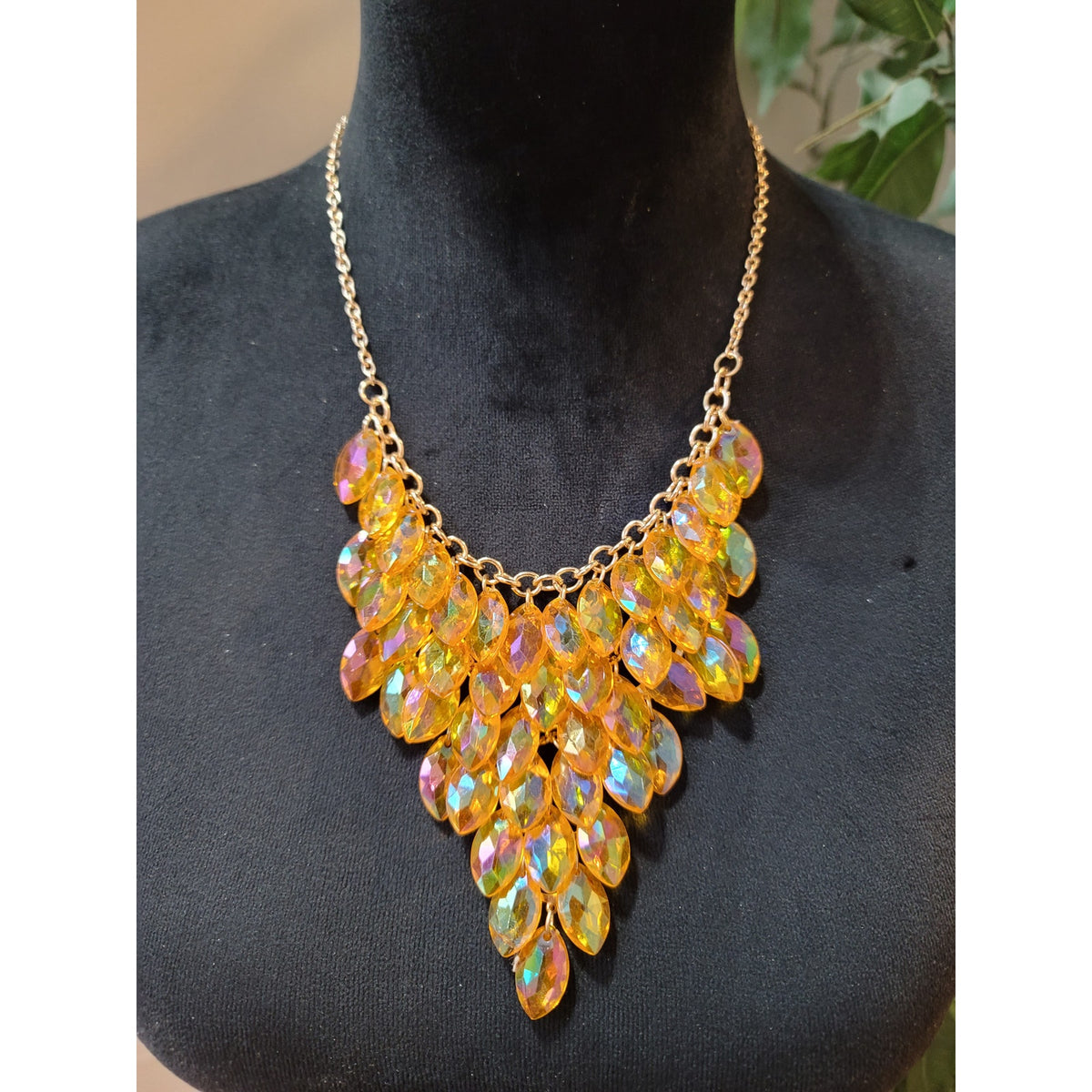 Gold Tone Crystal Leaf Bib Necklace Earrings Set Statement Jewelry Women Gifts