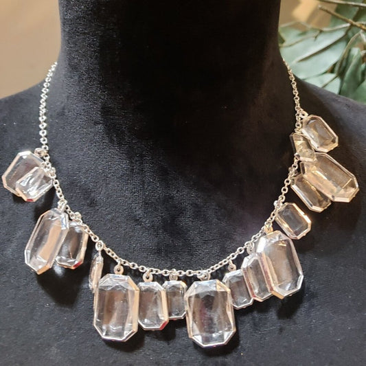 Women Fashion Silver Tone Rectangular Faceted Crystals Necklace w/ Lobster Clasp