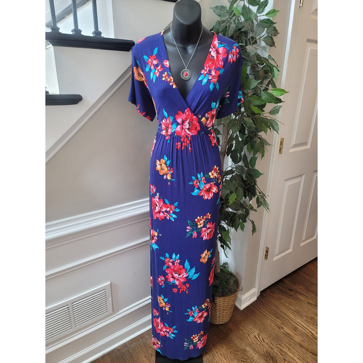 Xpenyo Maxi Dress Women's Size X-Large Navy Floral V Neck Short Flutter Sleeves