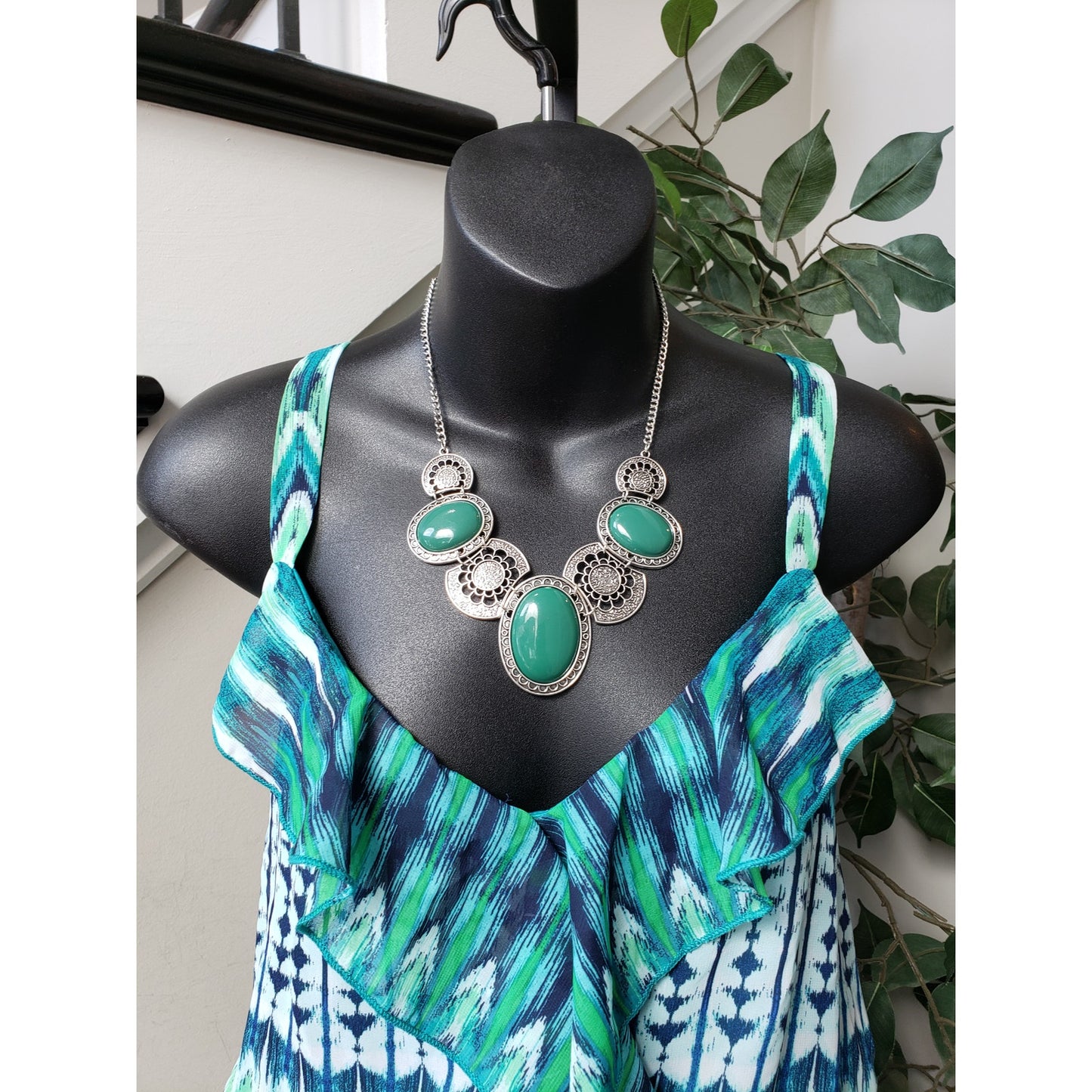 Faded Glory Long Maxi Dress Women 2X Green & Blue Ruffle Strap V-Neck Sleeveless