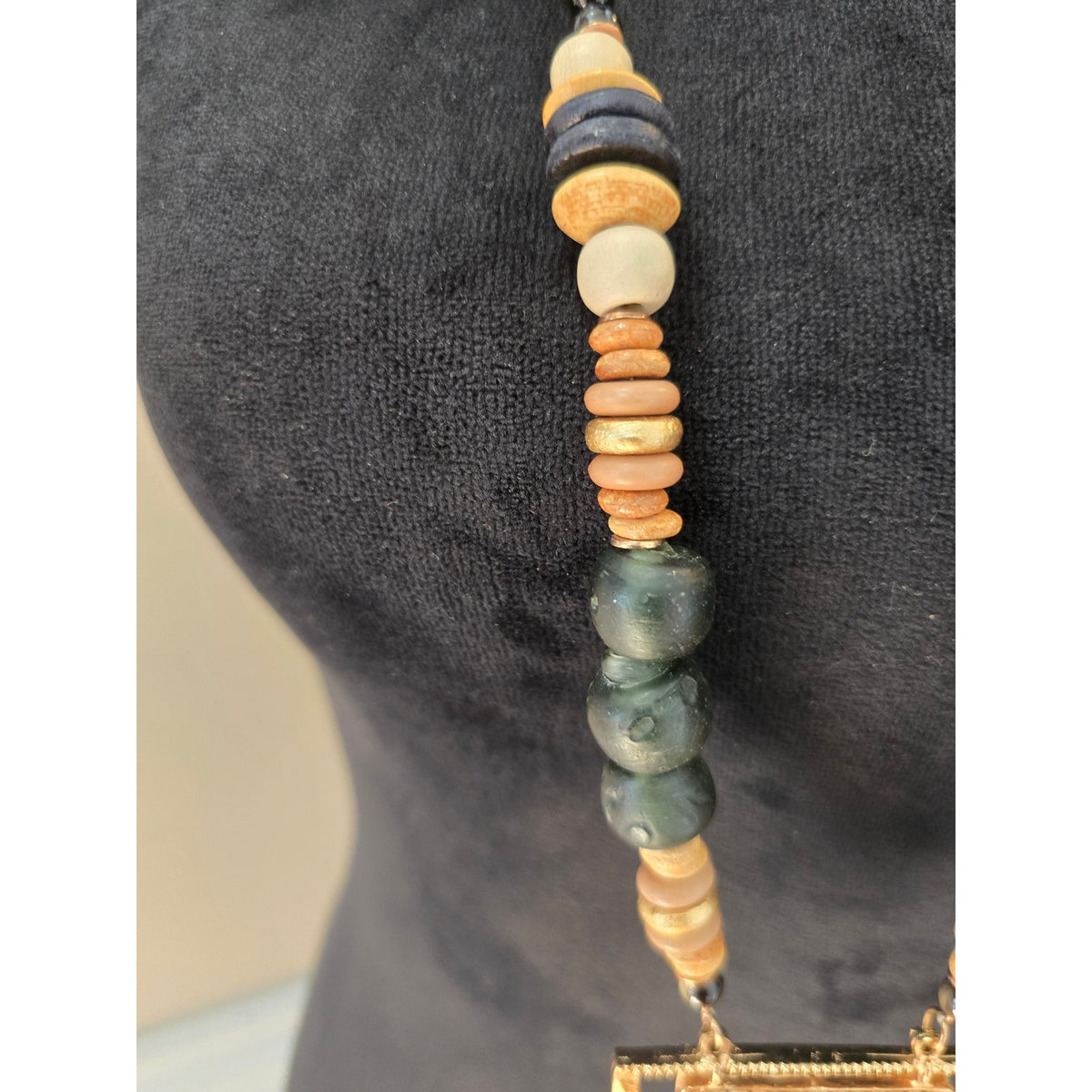 C 1946 Long Multicolor Beaded Necklace Gold Tone Geometric Pendant