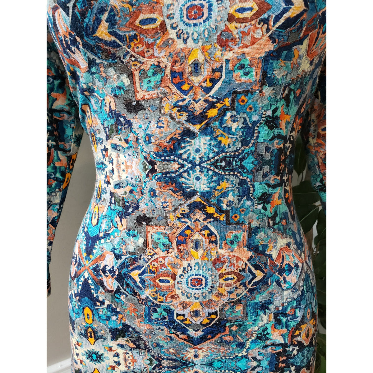 Karen Kane Knee Length Dress Womens Medium Multi Viscose Casual V Neck Back Zip