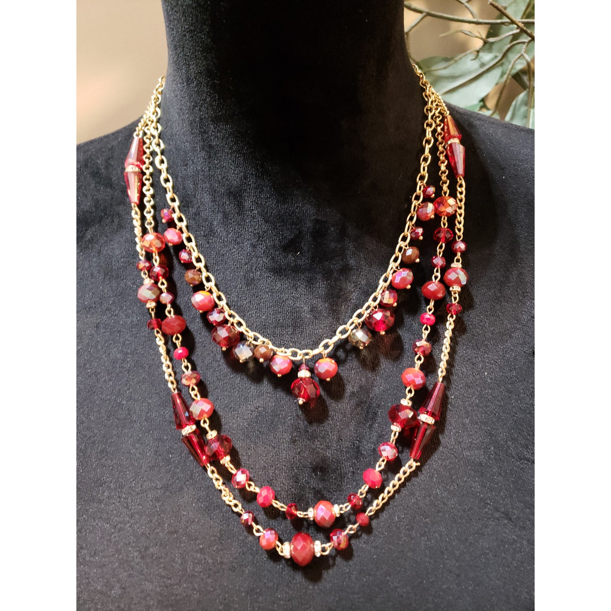 Ali Khan Womens 3 Strand Gold Tone Red Beads Aurora Borealis Necklace Jewelry