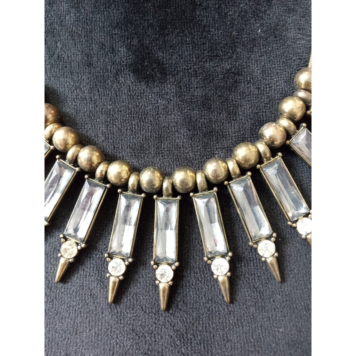 Antique Gold Tone Crystal Spike Statement Necklace Art Deco Fringe Bib Collar