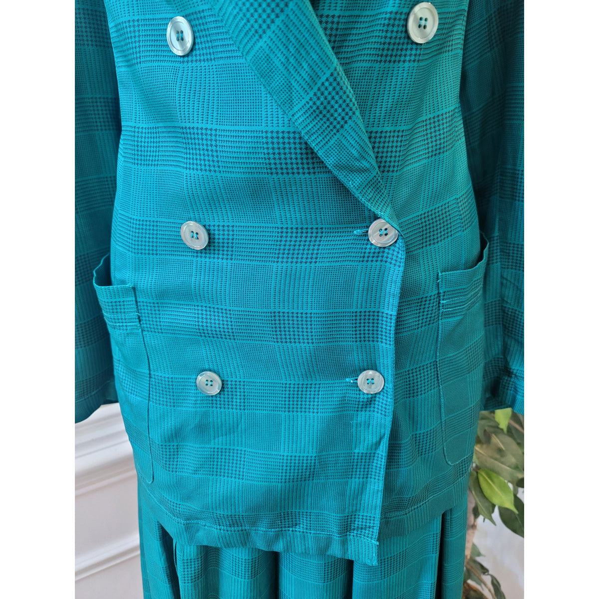 Vintage Silk Club Skirt Suit Medium Teal Green Houndstooth Plaid  Blazer