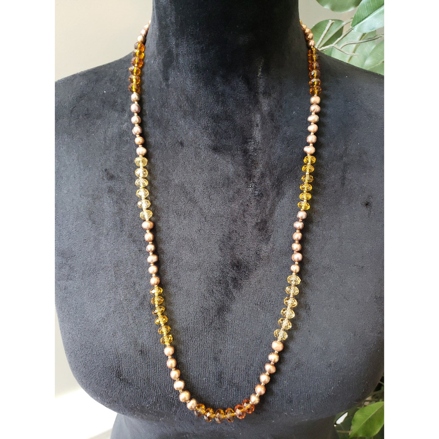 Vintage Amber Yellow Brown Beaded Necklace Faceted Glass & Faux Pearls