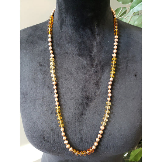 Vintage Amber Yellow Brown Beaded Necklace Faceted Glass & Faux Pearls