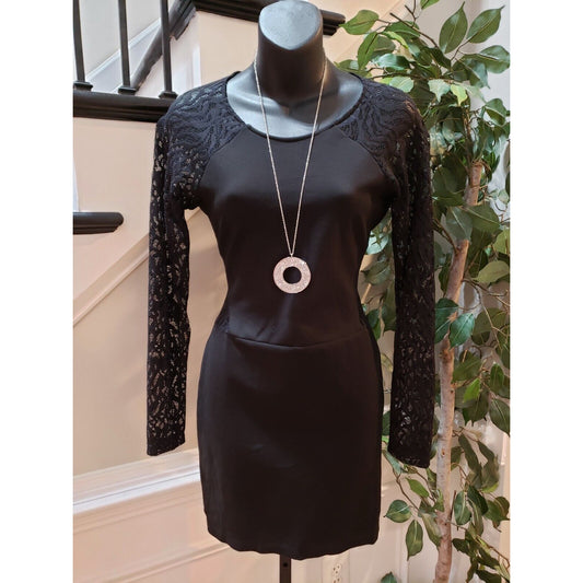 Parker Naomi Black Lace Trem Round Neck Back Zip Long Sleeve Sheath Dress Large
