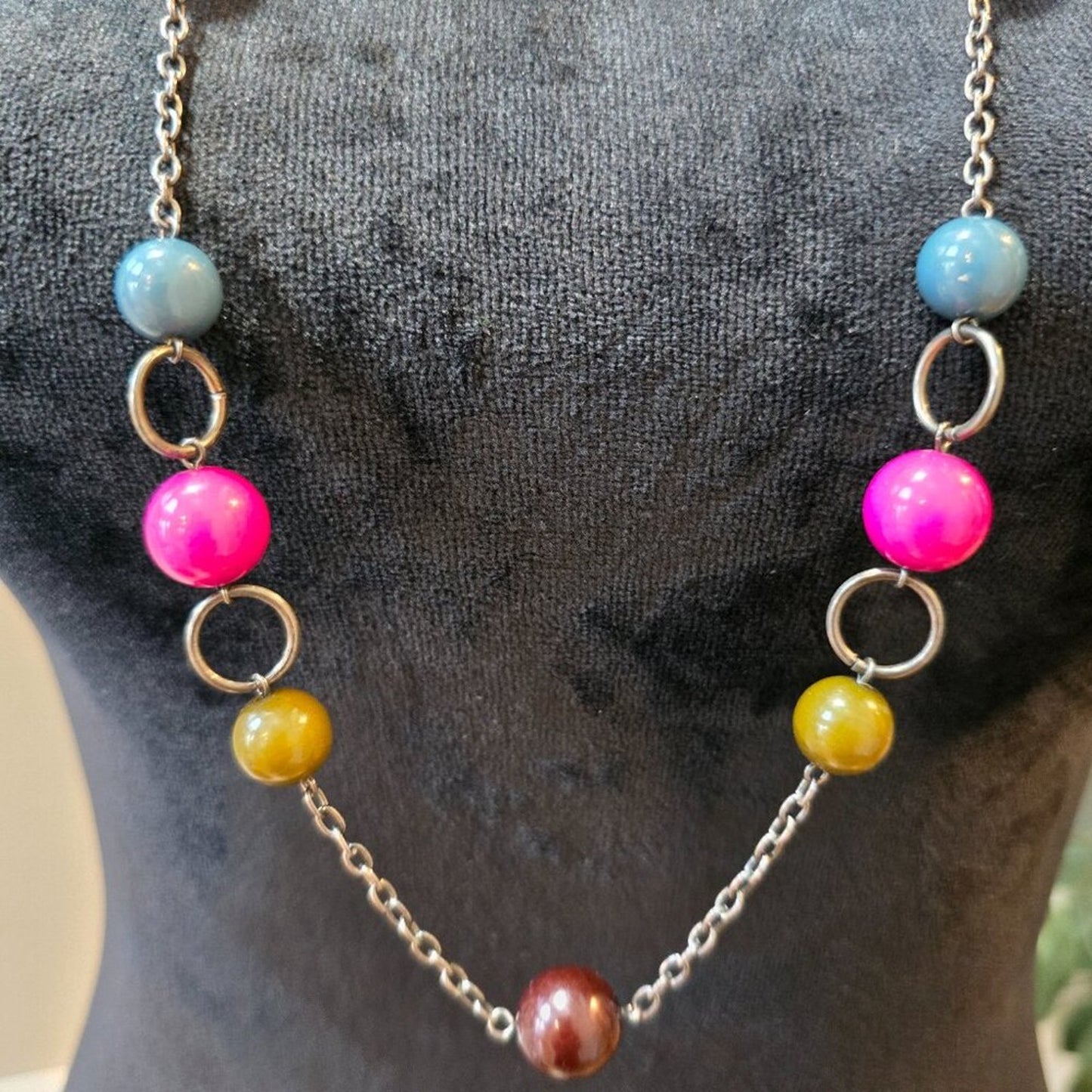 Womens Fashion Multi Linked Assorted Beads Silver Chain Long Necklace w/ Lobster