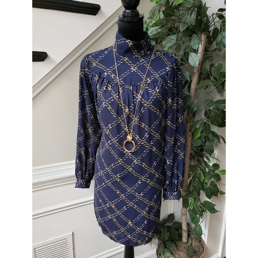 Who What Wear Fit & Flare Dress Womens XS Blue Gold Pleated Polyester High Neck