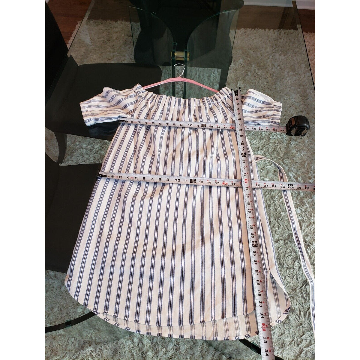 Michael Kors Women's White Striped Linen Off Shoulder Short Sleeve Mini Dress S