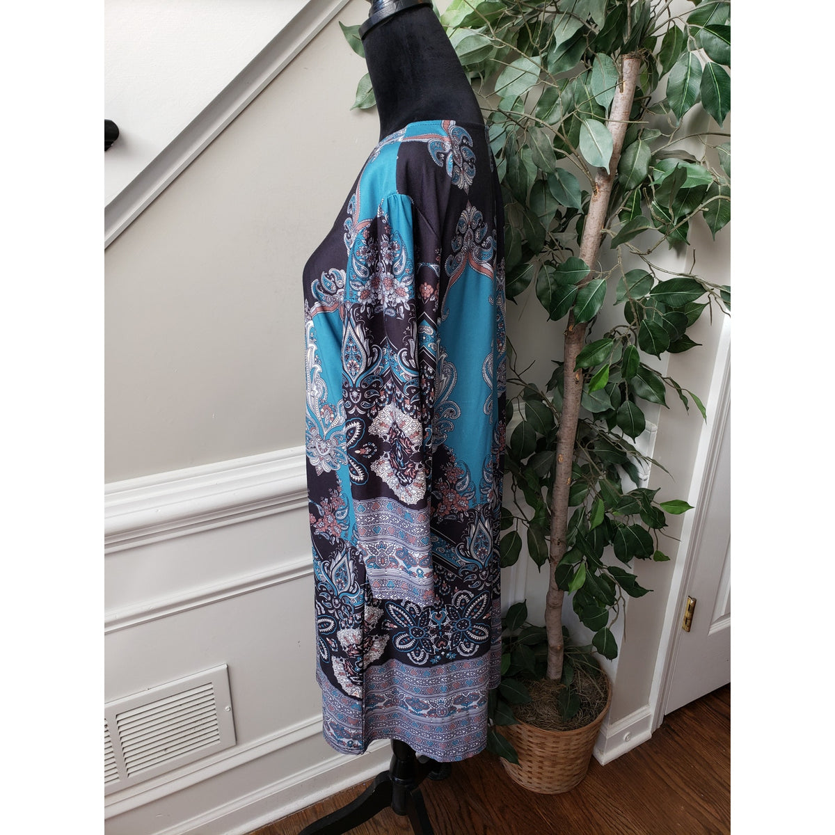 A-Line Dress Womens Size 2X Blue Paisley Gathered Long Sleeve Round Neck Stretch