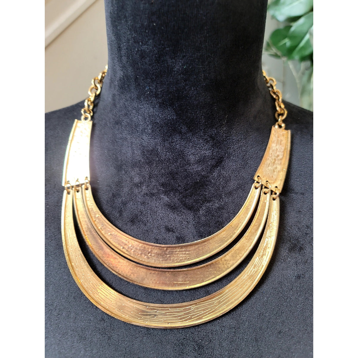 Gold Tone Layered Crescent Bib Statement Necklace Modern Boho