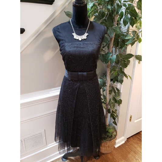 Ann Taylor Womens Black Sequin Mesh Round Neck Back Zip Knee Length Dress Size 8