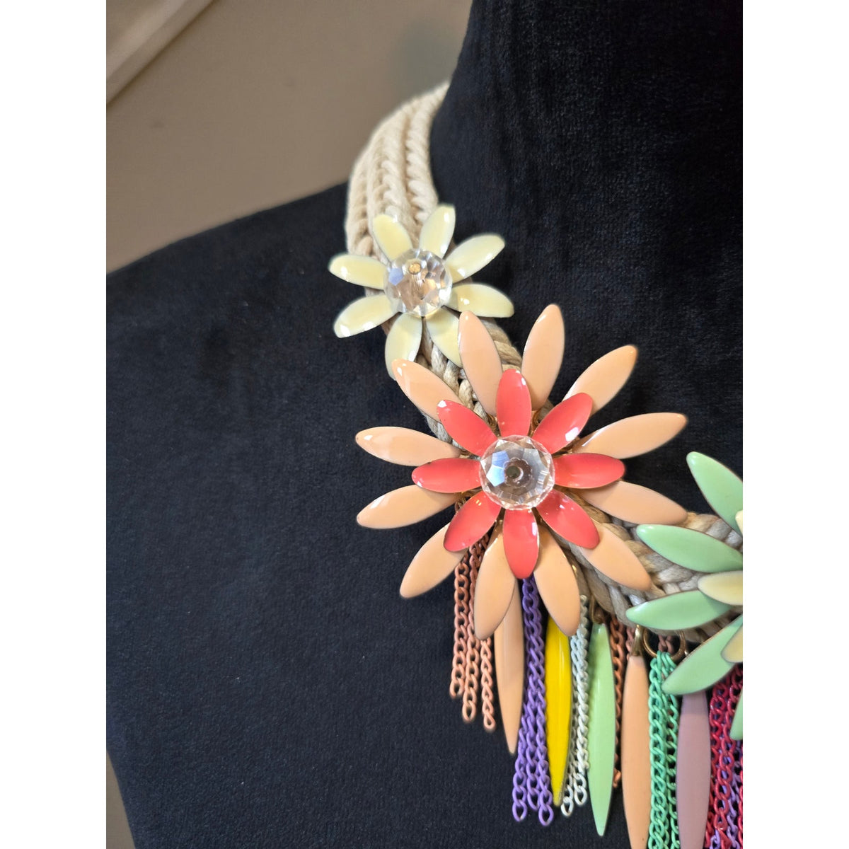 Women's Chunky Enamel Daisy Flowers Tassel Chain Braided Bib Statement Necklace