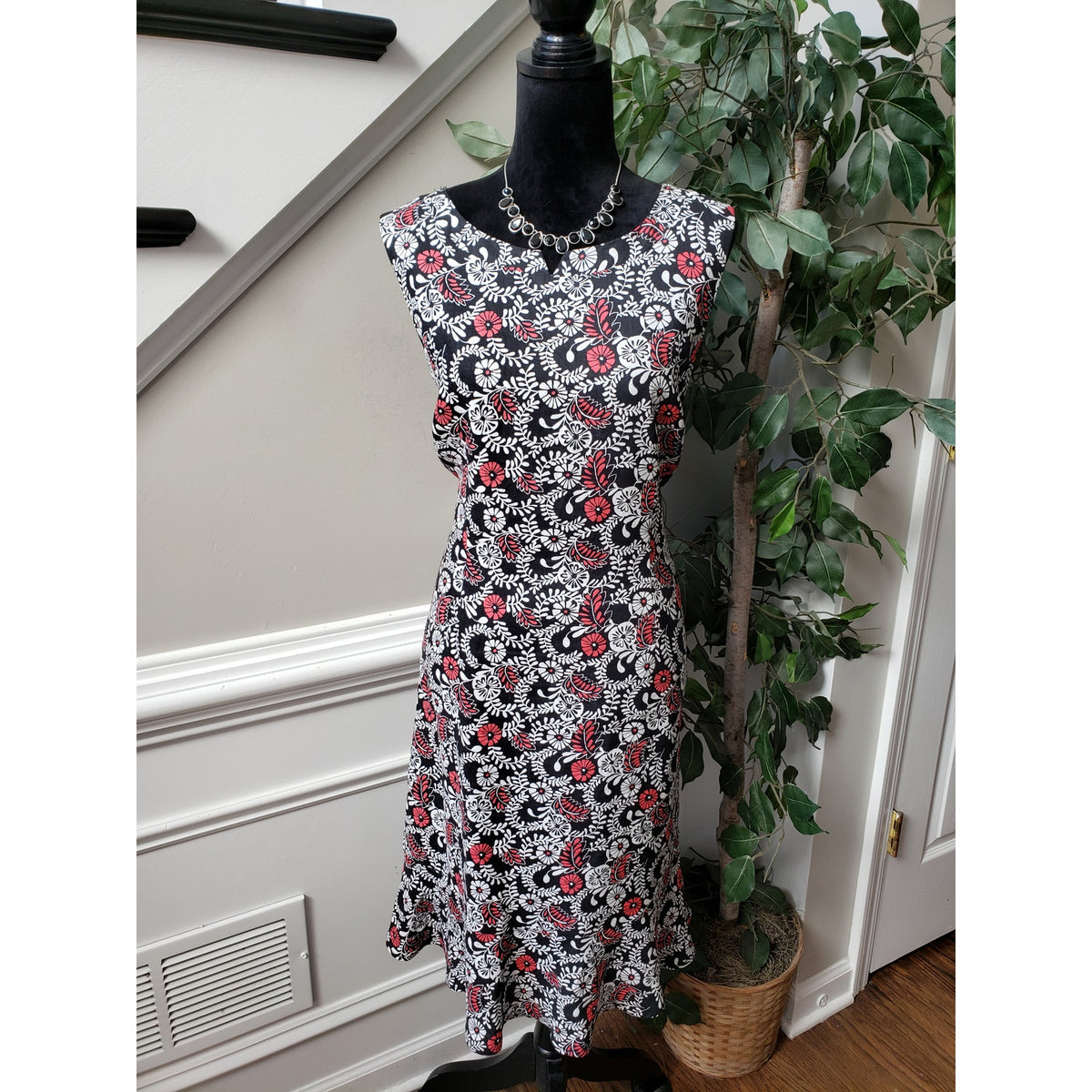 Kim Rogers Knee Length Dress Women's 12 Multi Floral Linen Lined V Neck Back Zip