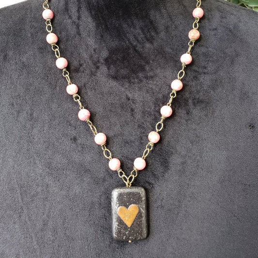Womens Black Marble Pendant Pink Beaded Necklace Jewelry with Lobster Clasp