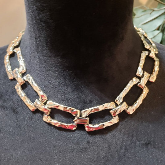 Womens Fashion Silver Tone Hammered Ripple Square Link Chain Necklace Jewelry