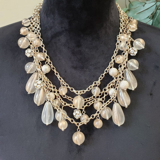 Women's 4 Strand Beads Teardrop Stone Rhinestone Dangle Drop Necklace w/ Lobster