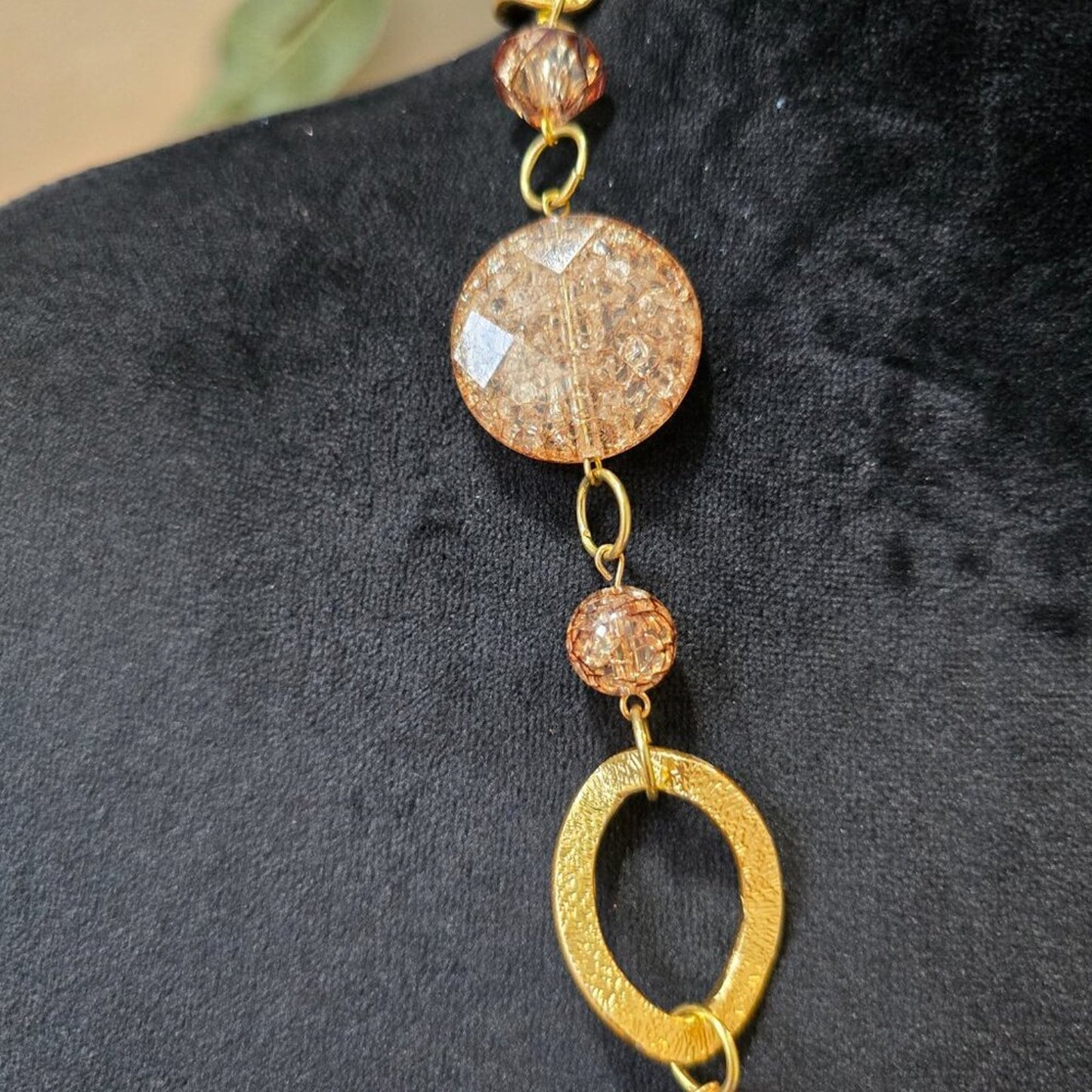 Womens Fashion Brown Crystal Gold Tone Disc Linked Chain Necklace Jewelry